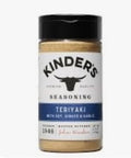 Teriyaki seasoning bottle with black cap; beige label with Kinder's brand text