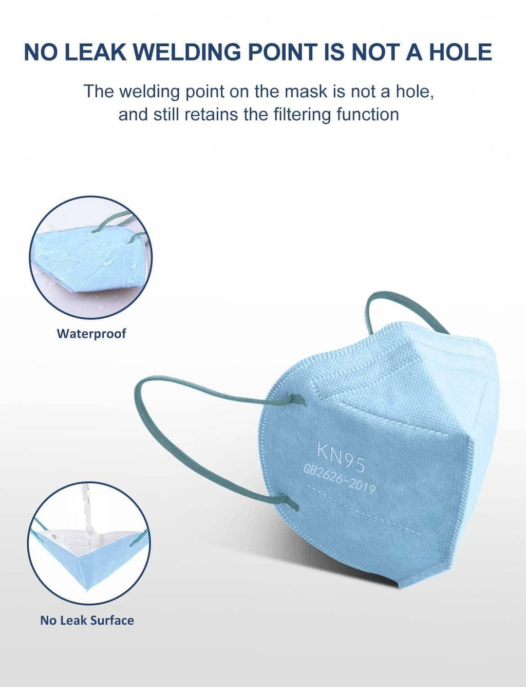 Light blue KN95 face mask with waterproof sealed welding point detail
