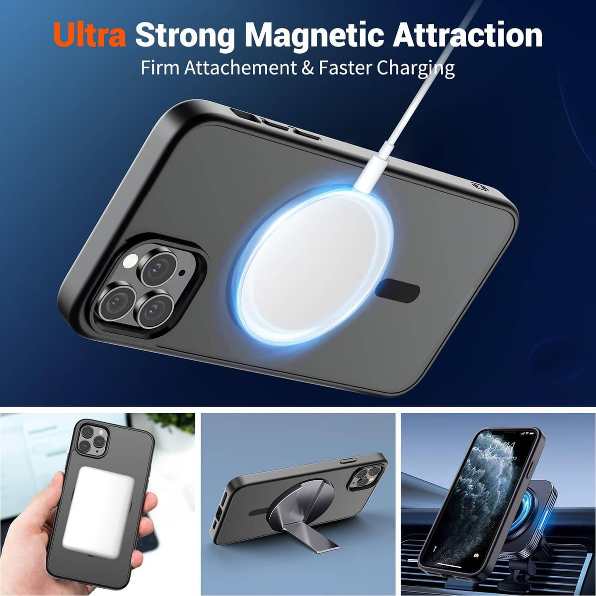 Black magnetic phone case with bright circular ring, charging cable connected