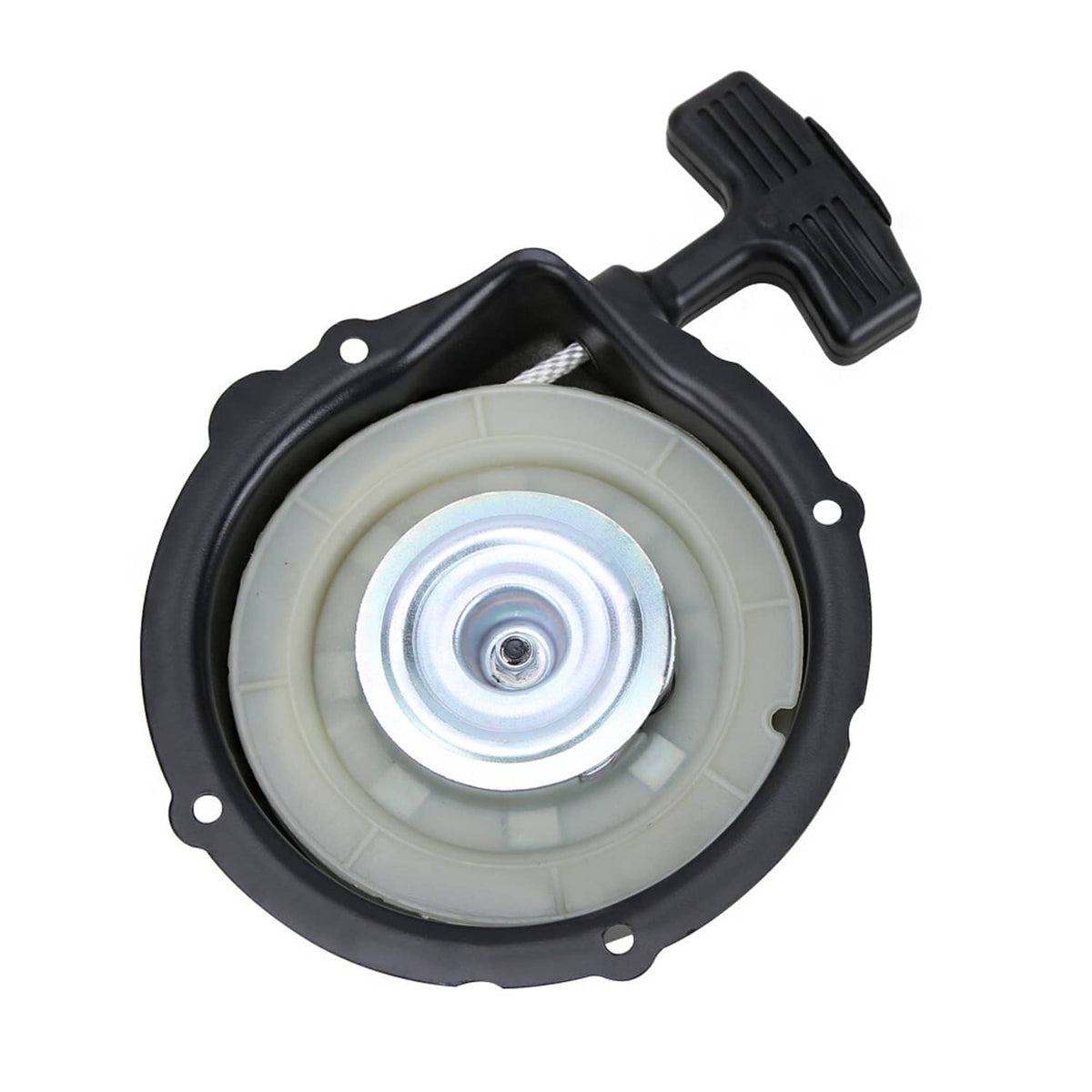 Black recoil starter assembly with pull handle and metal starter hub