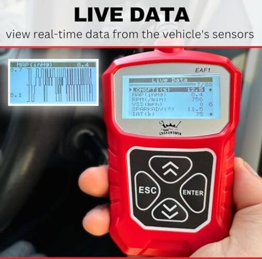 Handheld red EAF1 OBD2 scanner displaying Live data on LCD, with ESC/Enter keypad.