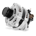 Light-gray alternator with black pulley and vented housing, side view