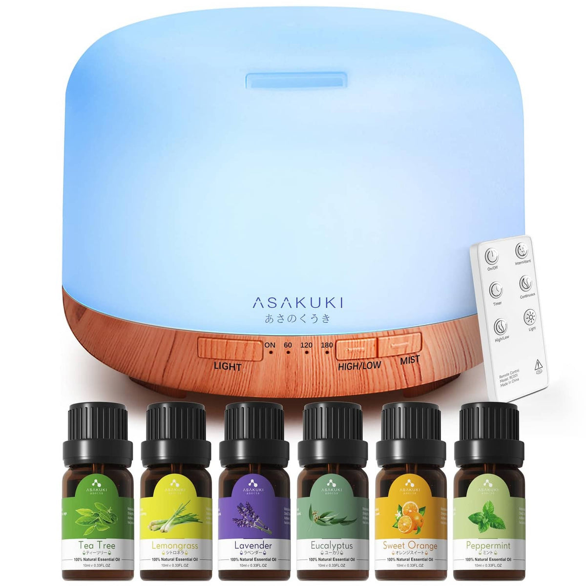 Essential oil diffuser with light blue top, wood base, and mist control dial