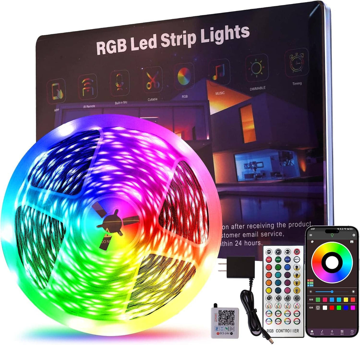 RGB LED strip lights kit with glowing color coil and app/IR remote controller