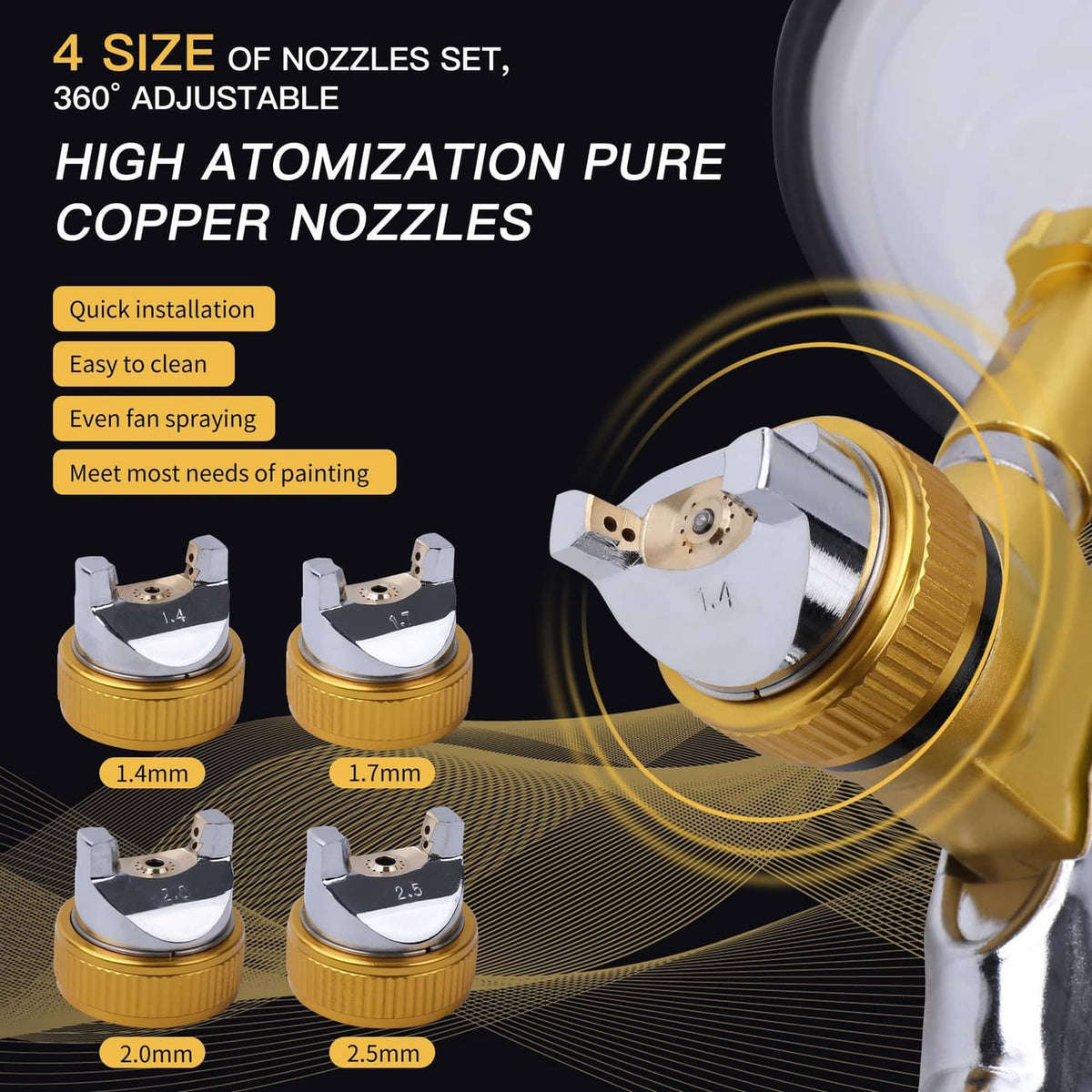 HVLP spray gun nozzle set with four copper nozzles and 360° adjustable spray control