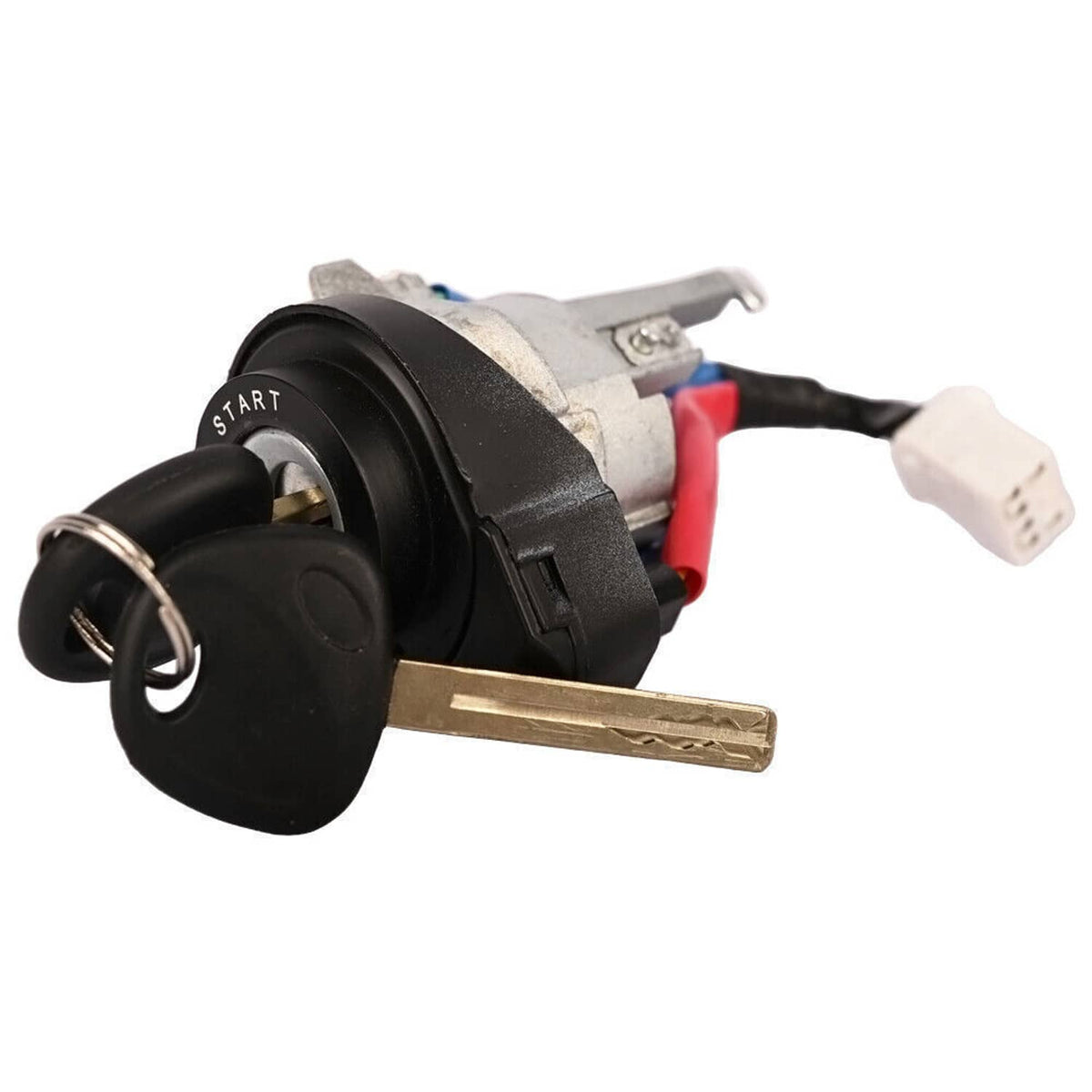 Black ignition lock cylinder with matching keys, START label, and metal key blade