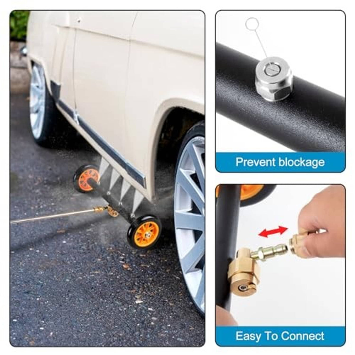 Undercarriage washer nozzle on black wand with orange wheels and brass quick-connect
