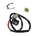 Motorcycle engine kill switch button kit with wiring harness, connector, and mounting bracket