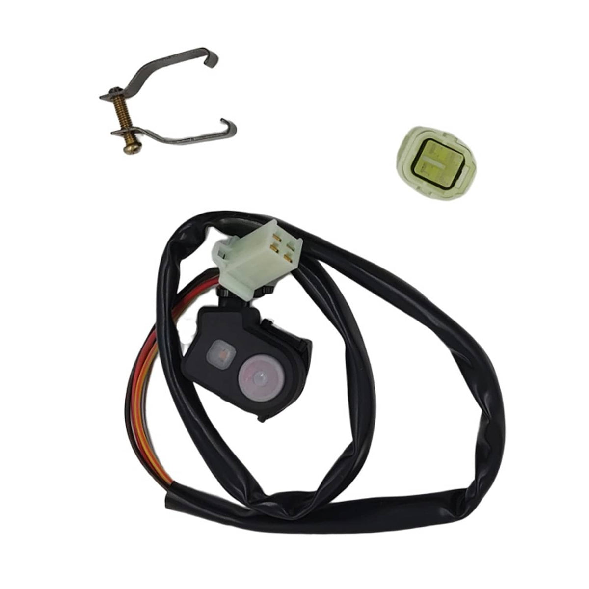 Motorcycle engine kill switch button kit with wiring harness, connector, and mounting bracket