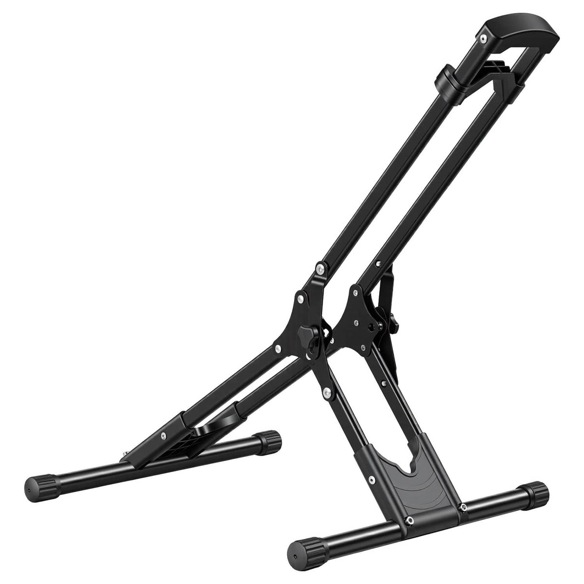 Black foldable bike storage rack with adjustable fork clamp and support legs