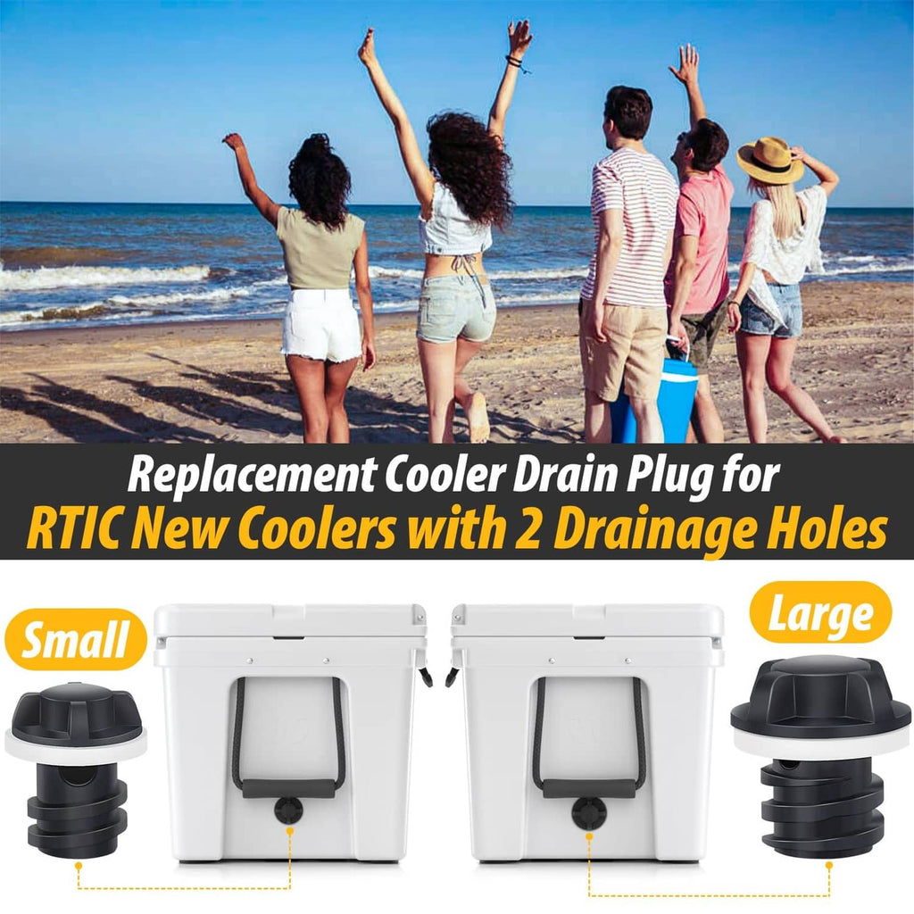 Two-piece replacement cooler drain plug set: small and large black plugs
