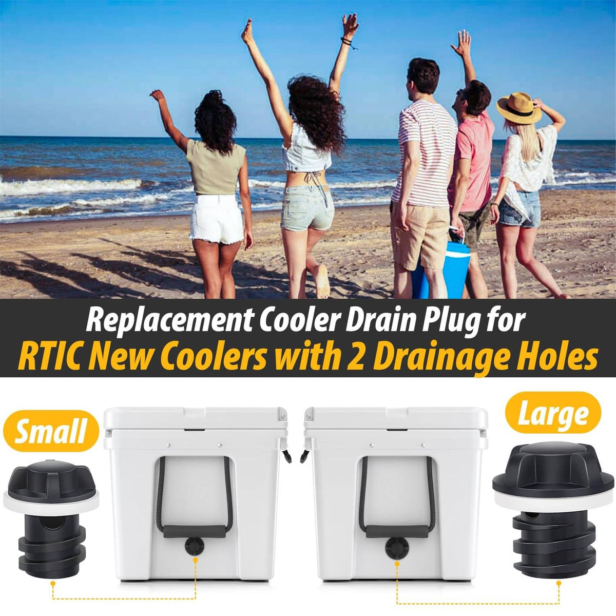 Two-piece replacement cooler drain plug set: small and large black plugs