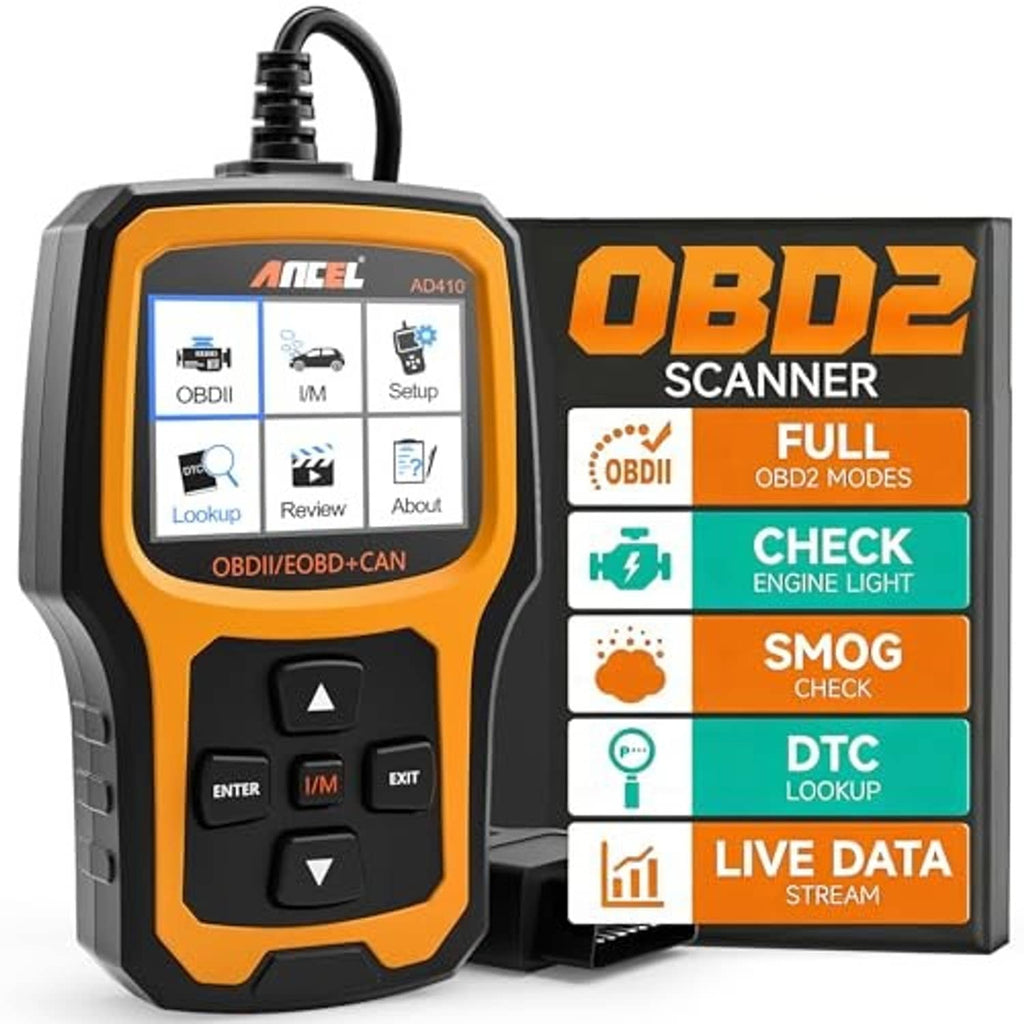 ANCEL AD410 handheld OBD2 scanner with display screen, orange side panel, OBD-II cable