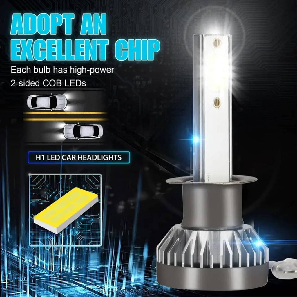 H1 LED headlight bulb with vertical LED strip and finned aluminum heat sink