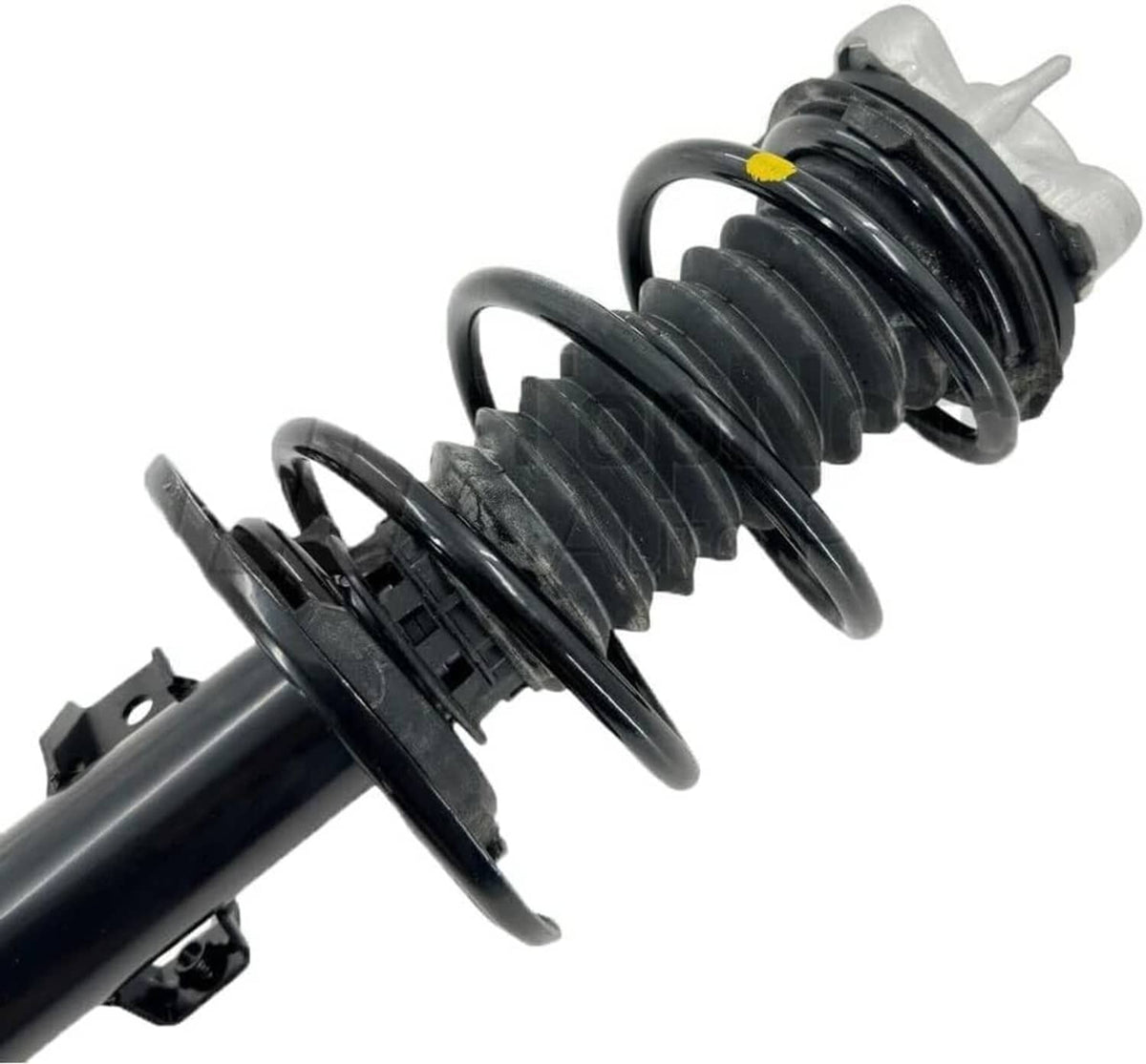 Front shock absorber strut detail: black coil spring and upper mounting plate.
