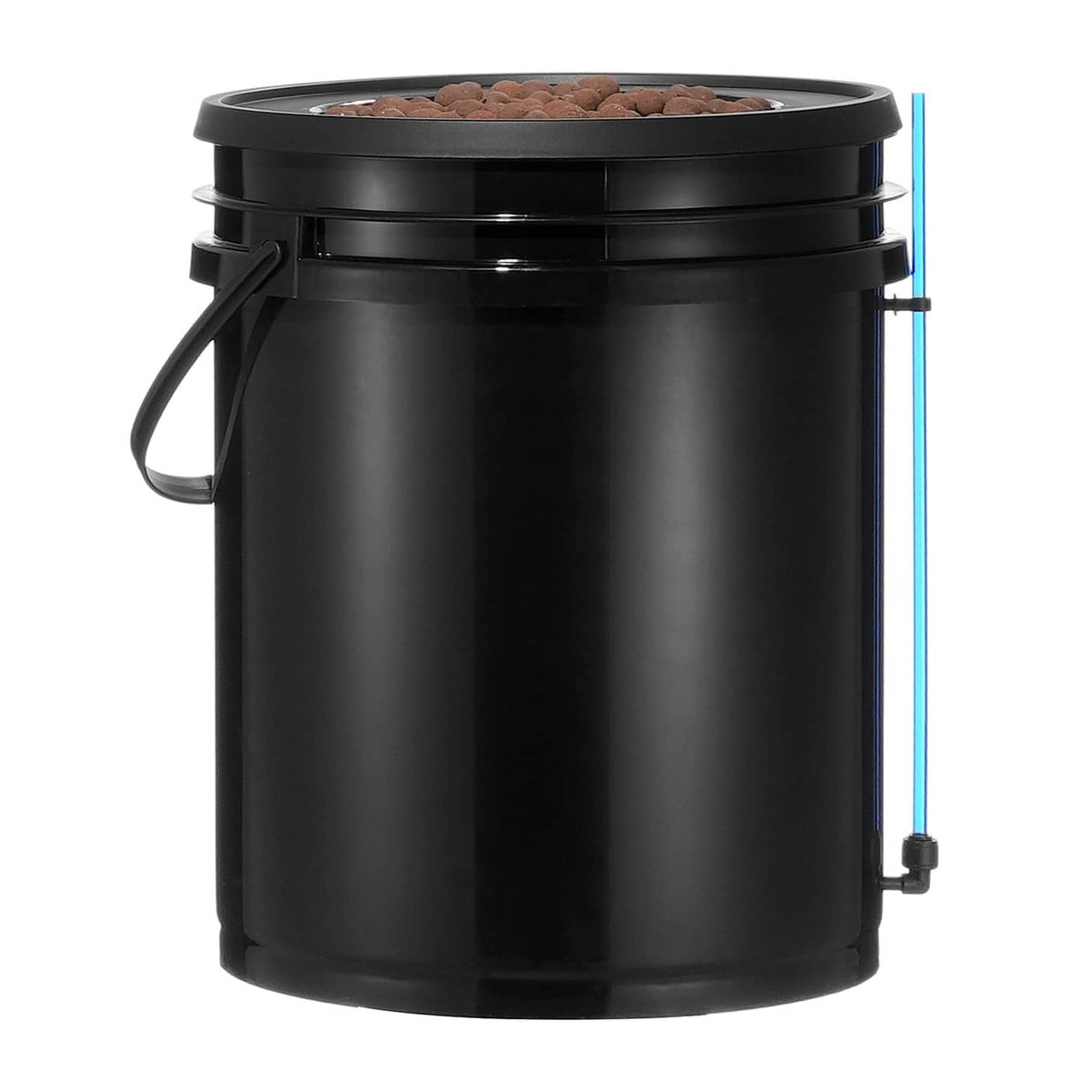 Black hydroponic grow bucket with top opening, clay pebbles, and blue tubing