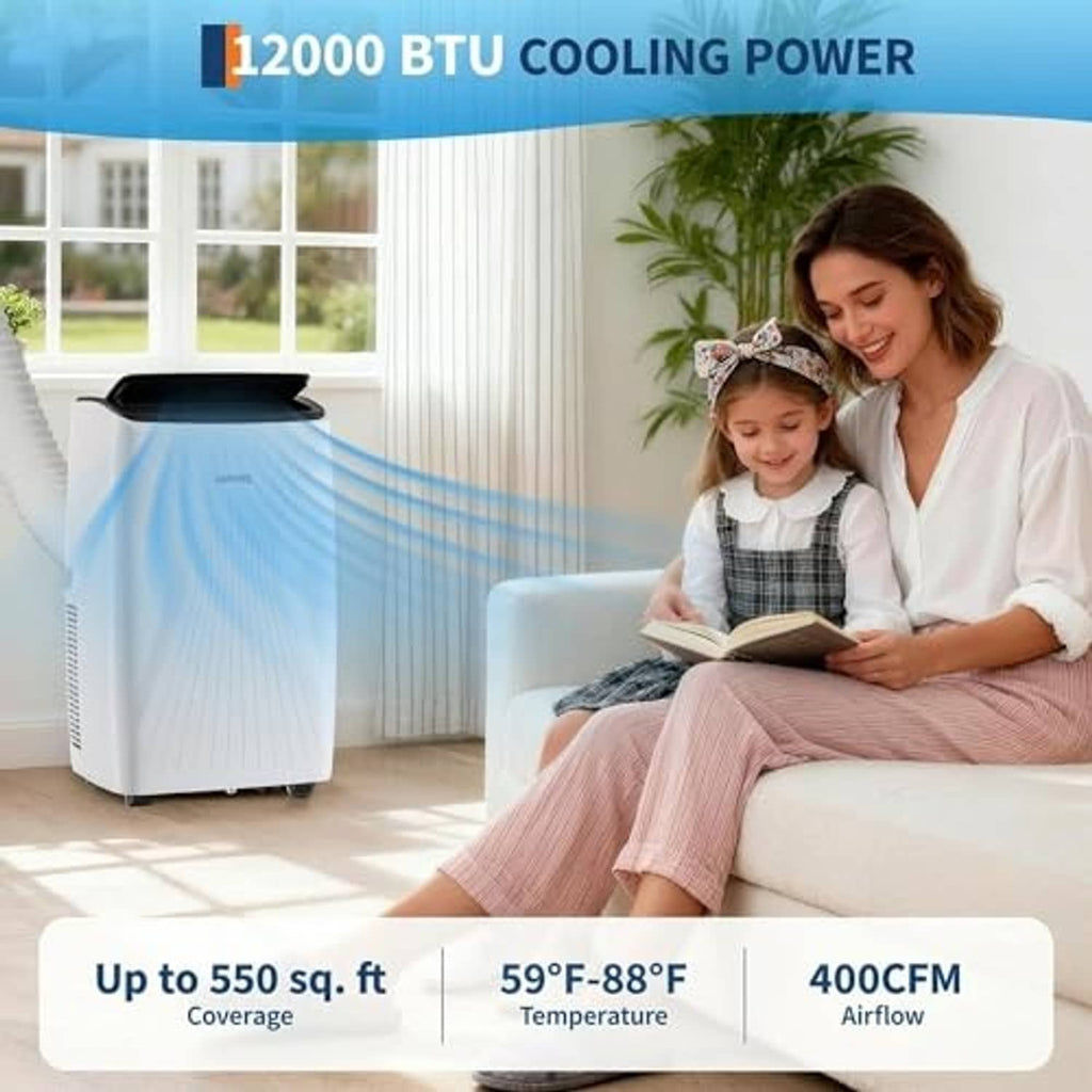 White portable air conditioner on wheels with blue-tinted top air outlet.