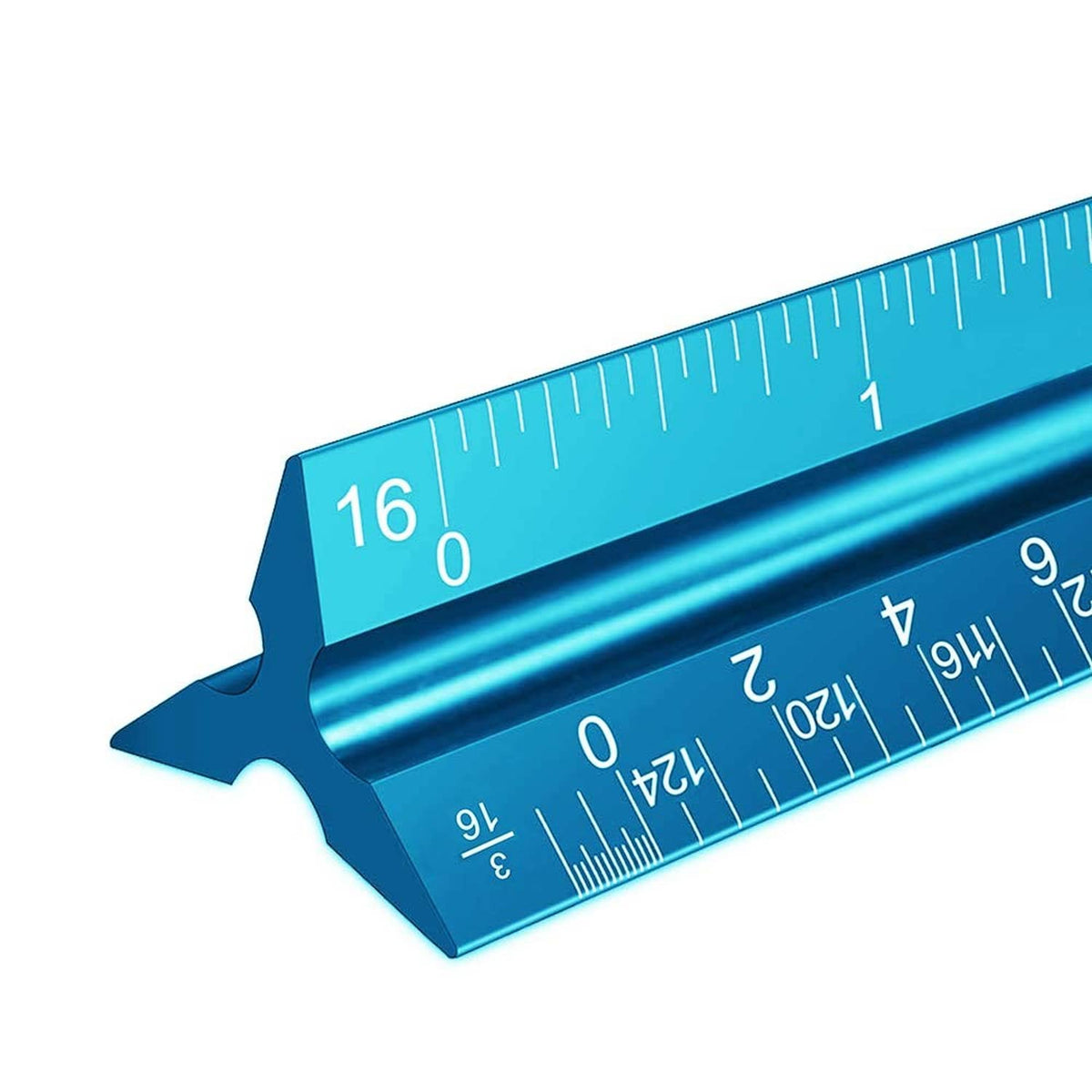 Blue triangular architect scale ruler with engraved measurement markings, 12 in length
