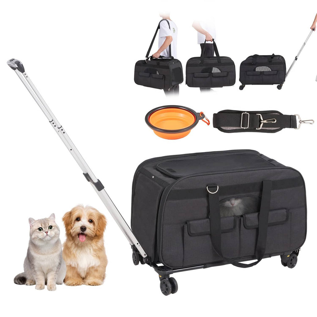 Black wheeled pet cat carrier with mesh window, front pocket, and telescoping handle
