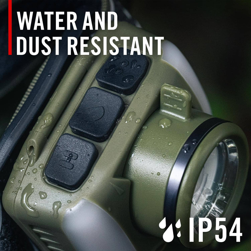 IP54 water- and dust-resistant rechargeable LED headlamp with control buttons