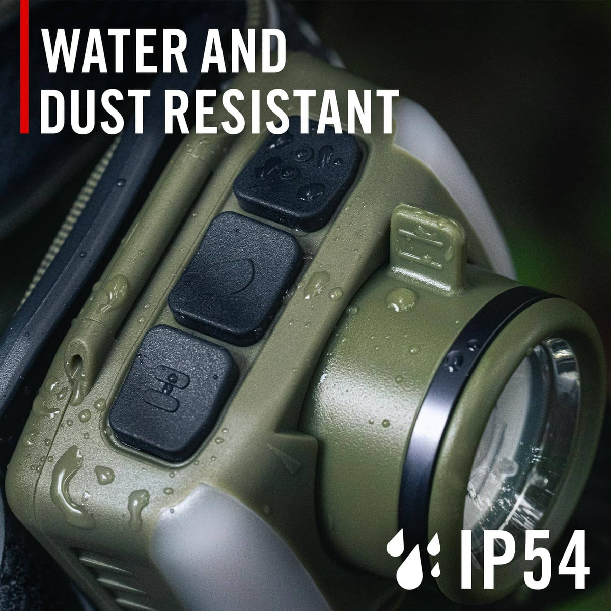IP54 water- and dust-resistant rechargeable LED headlamp with control buttons