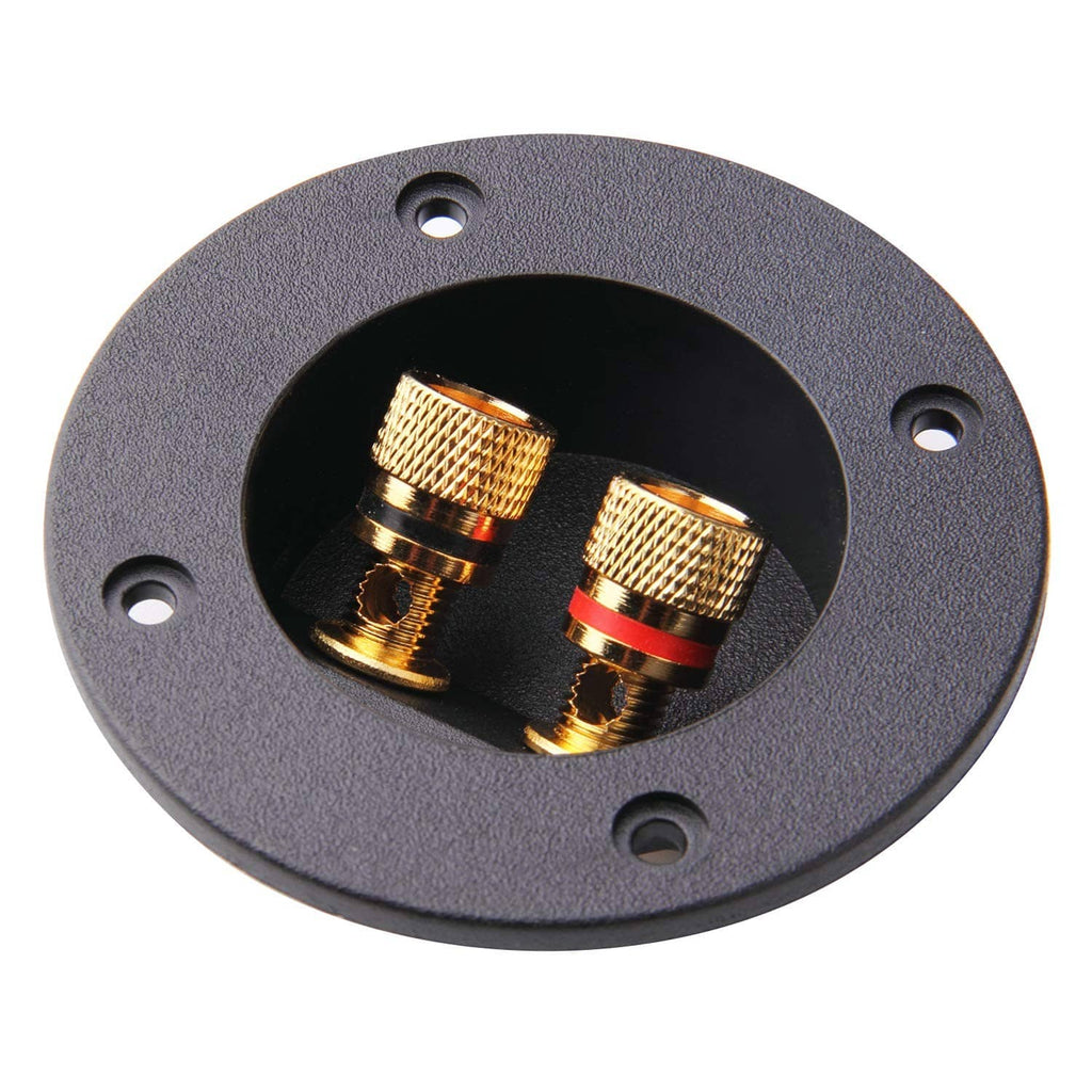 Black speaker terminal cup with two gold binding posts and red/black insulators