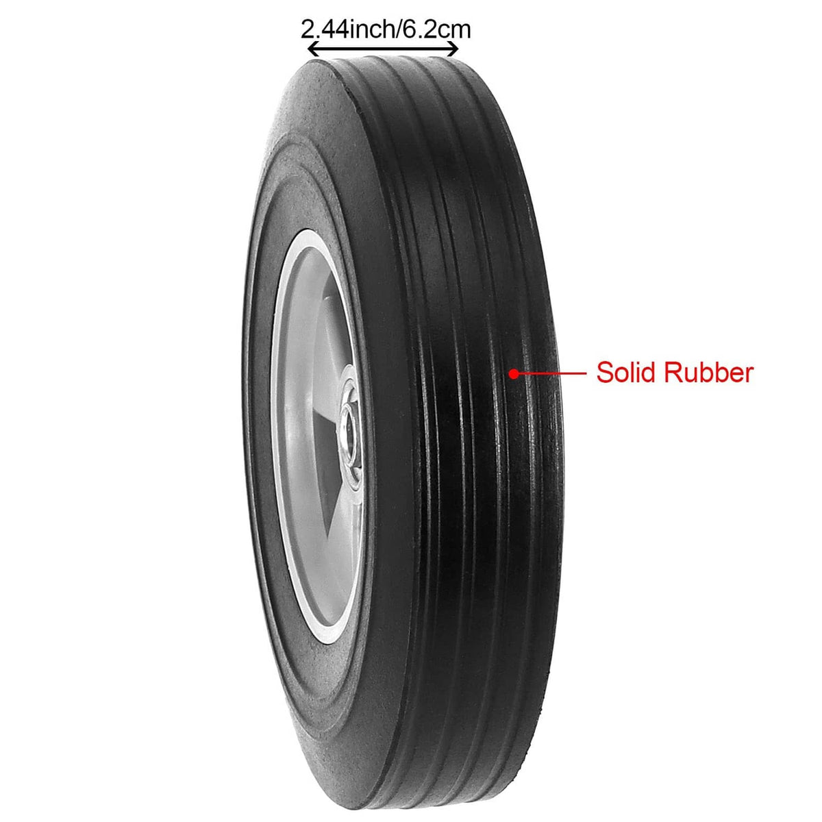 10-inch solid rubber hand truck wheel with black tire and silver rim, side view