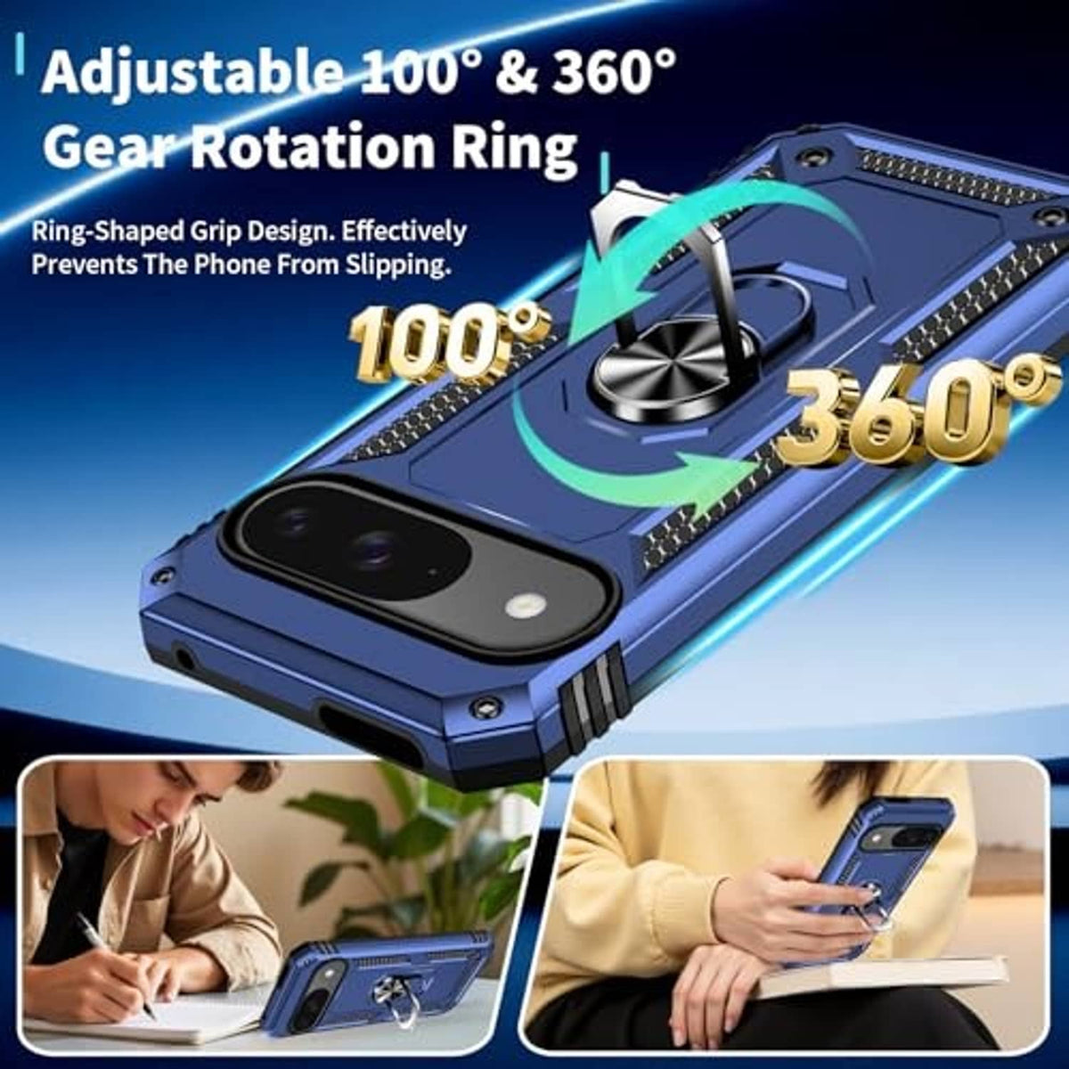 Blue rugged phone case with adjustable 360° rotation ring kickstand and camera protection