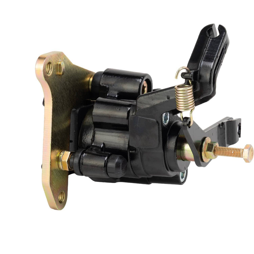 Rear brake caliper assembly with black housing, gold mounting plate, and spring hardware