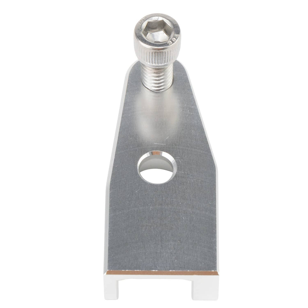 Metal triangular bracket with threaded bolt, circular hole, and base feet