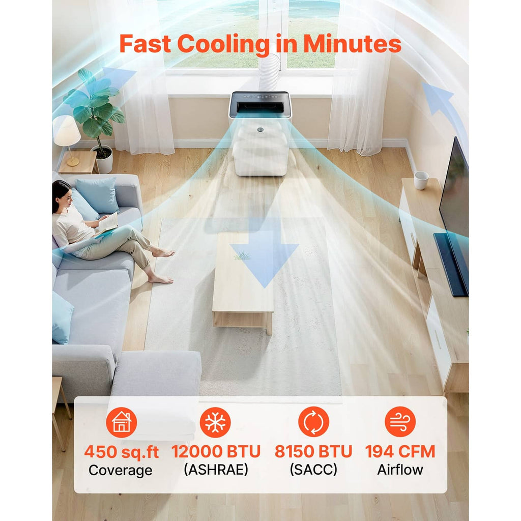 White portable air conditioner unit with top vent and control panel, front view