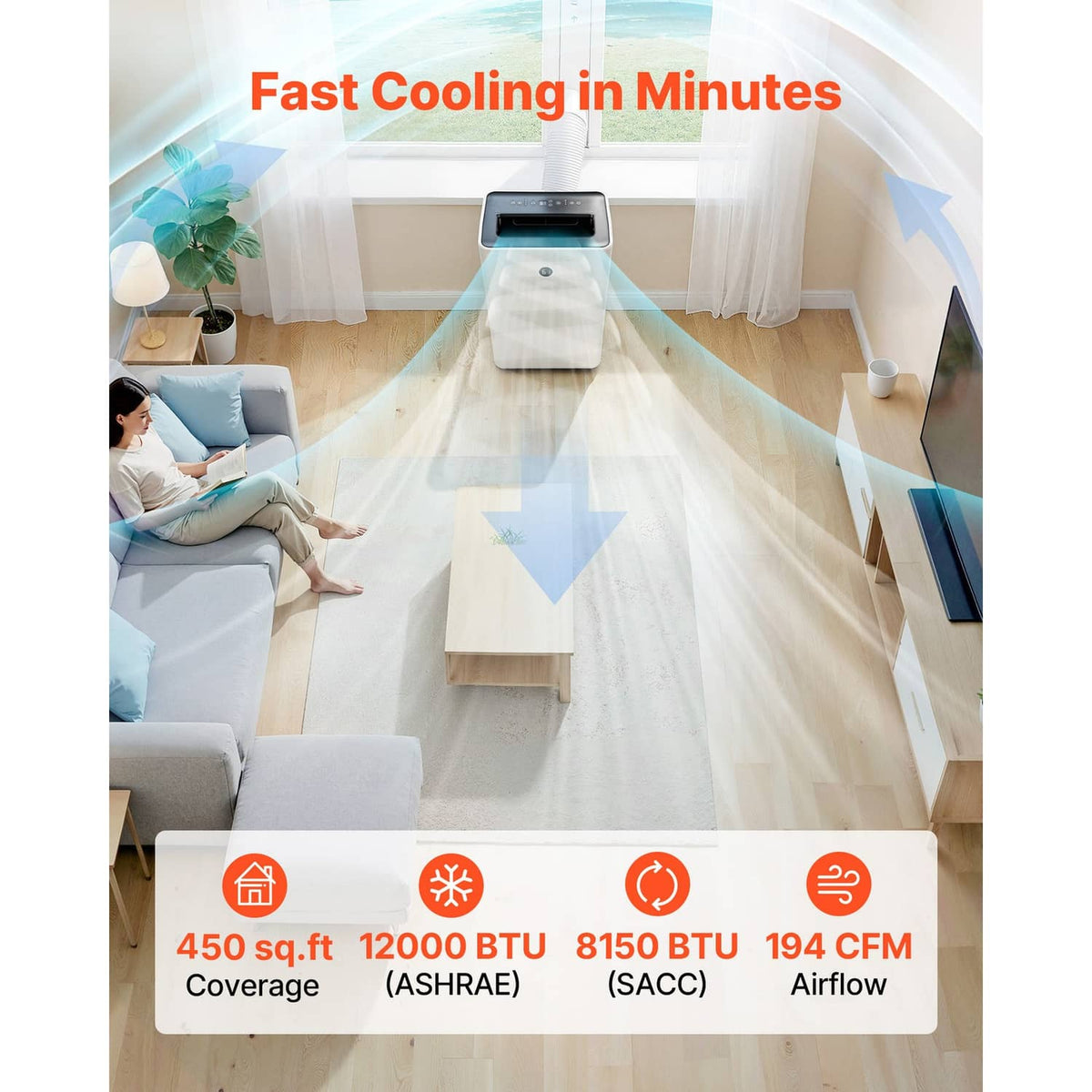 White portable air conditioner unit with top vent and control panel, front view