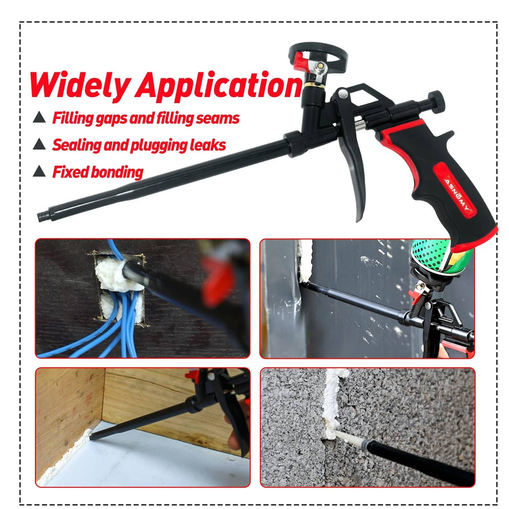 Expanding foam spray gun for filling gaps and sealing joints, red trigger handle