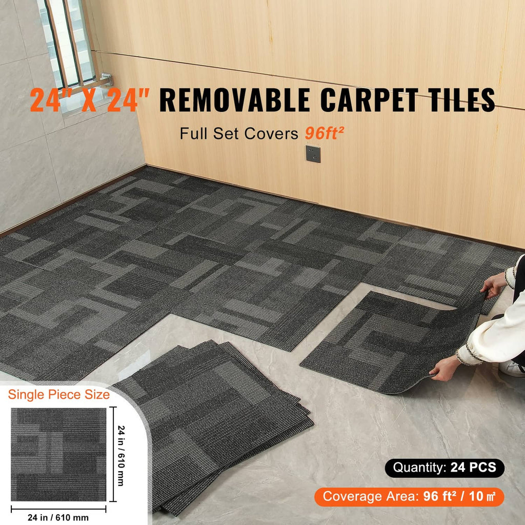 Mixed gray square carpet tiles with low-pile texture, arranged on a floor