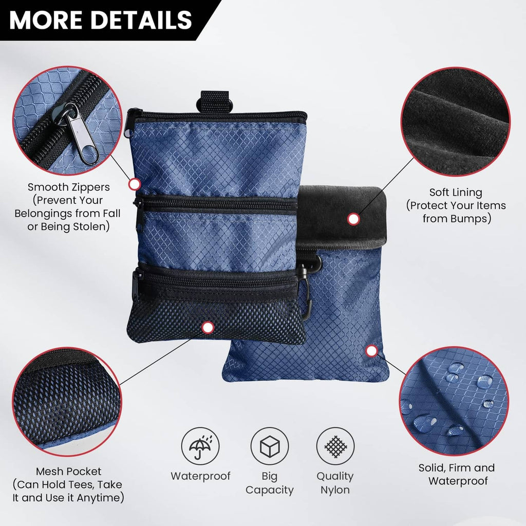 Blue golf pouch bag with mesh pocket, smooth zippers, and soft lining interior