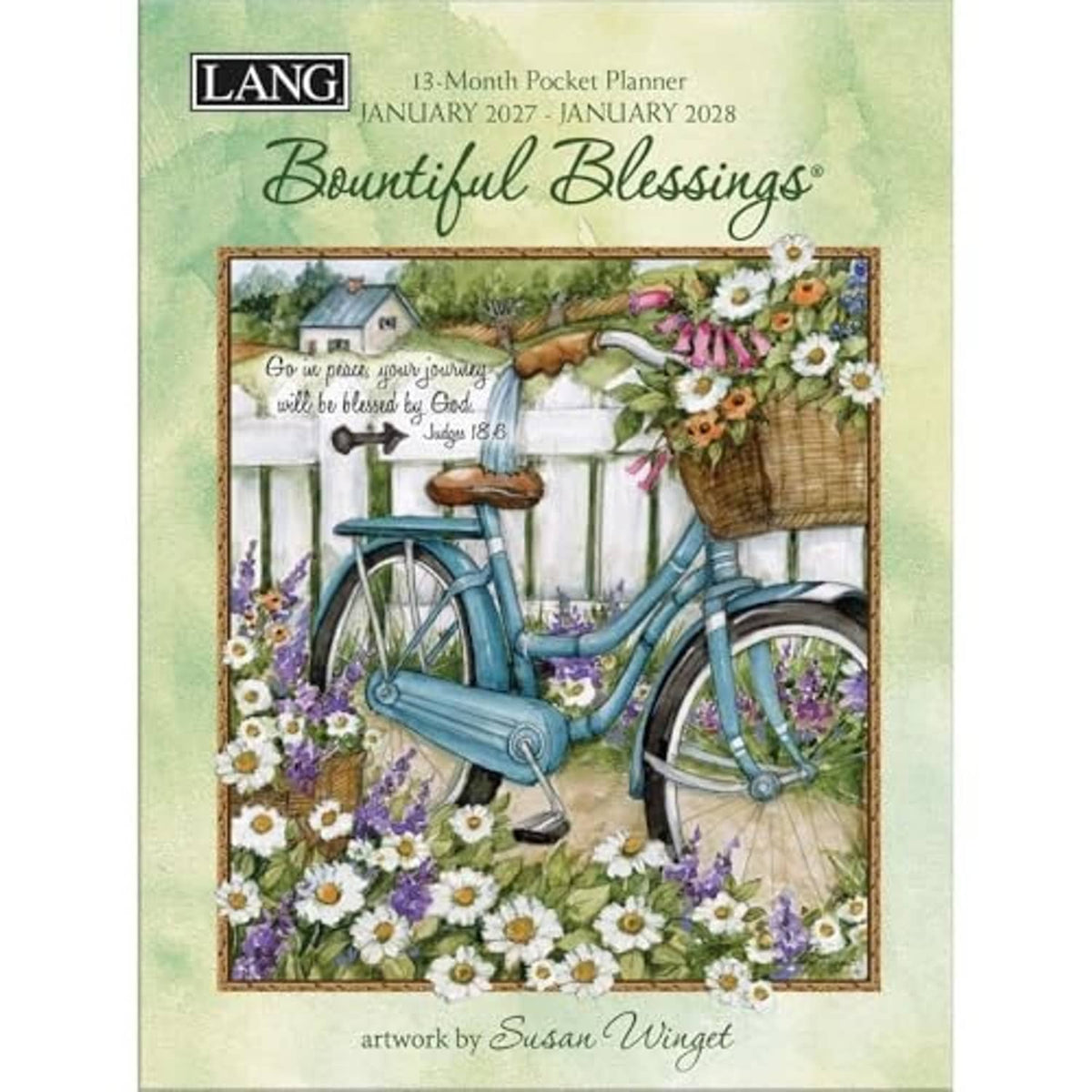Pocket planner cover, green with LANG badge and blue bicycle floral scene