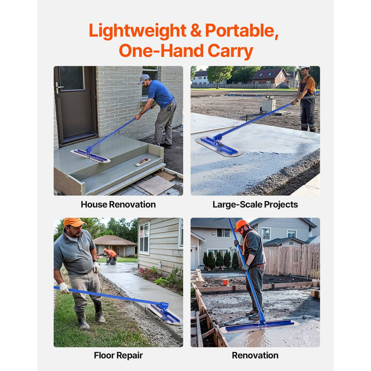 Concrete bull float for smooth finishing on floors and slabs, blue frame