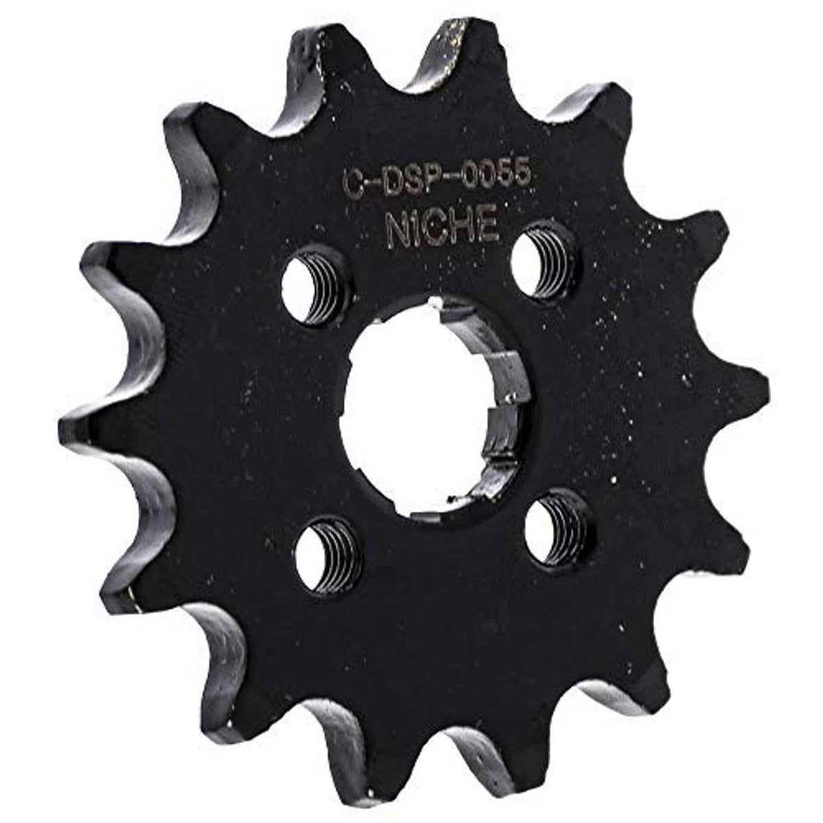 Black rear drive sprocket with circular center hole and mounting bolt holes