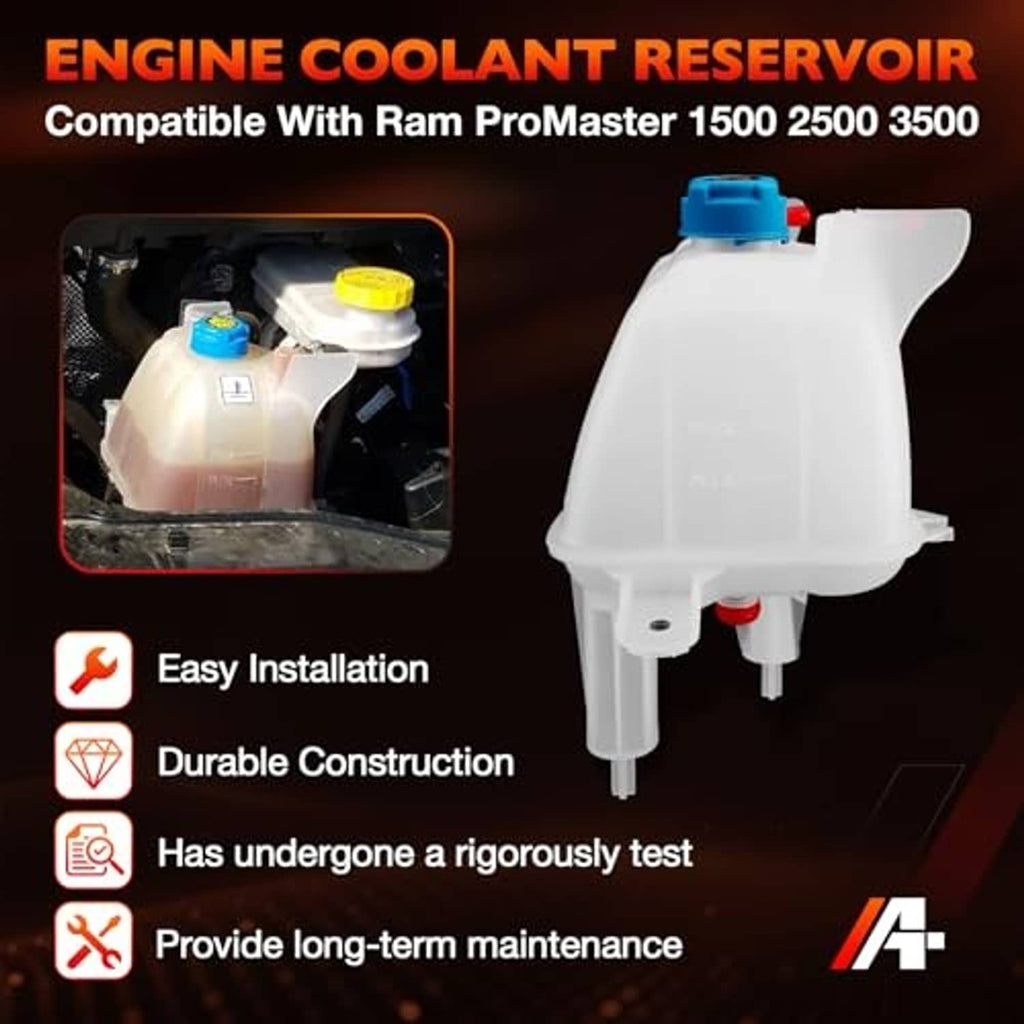 White engine coolant reservoir with blue cap, red vent, and side mounting bracket