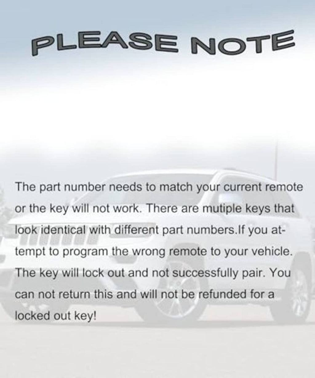 Important note text about matching your part number for the key fob