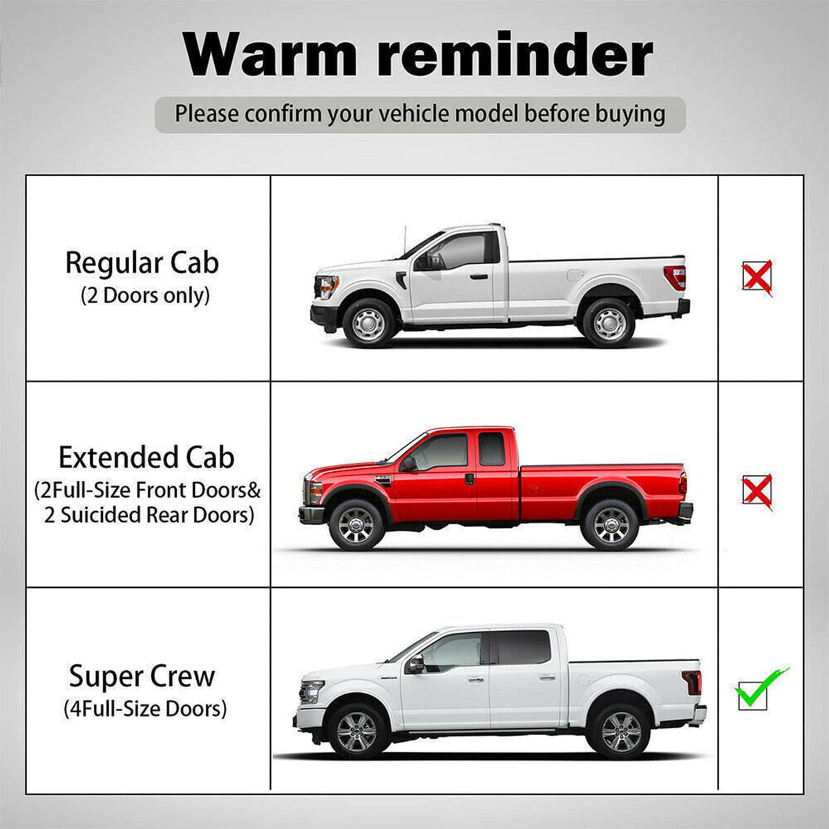 Vehicle fitment chart for sunroof track guide rails by cab configuration