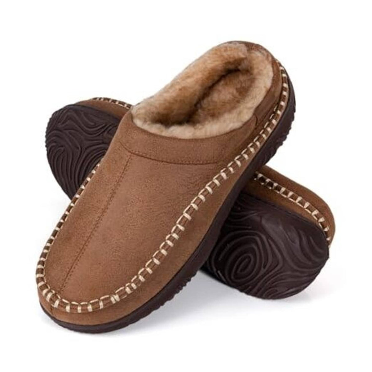 Tan moccasin house slippers with plush wool lining and contrast stitch trim