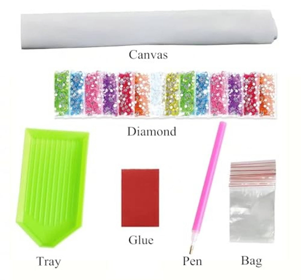 Diamond painting kit tools: rolled canvas, diamonds, glue, tray, pen, storage bag