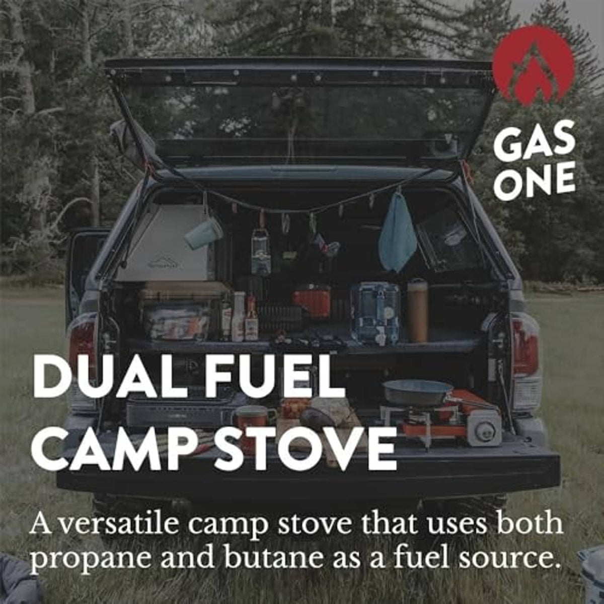 Portable dual-fuel camp stove with burner and side control knobs, beige metal housing