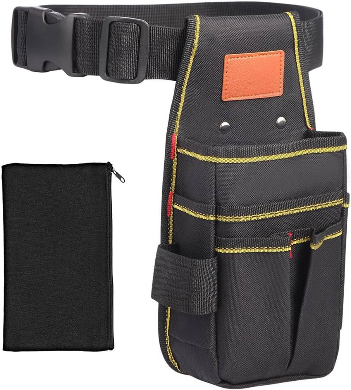 Black tool belt pouch with orange patch and yellow-trimmed pocket grid on the front.