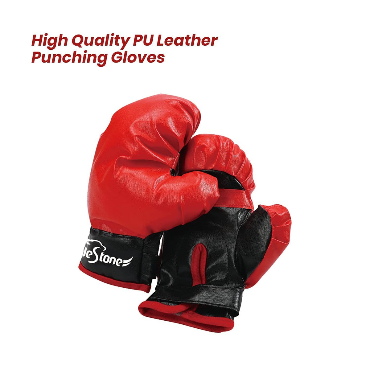 Pair of kids boxing gloves; red and black padded PU leather-style gloves