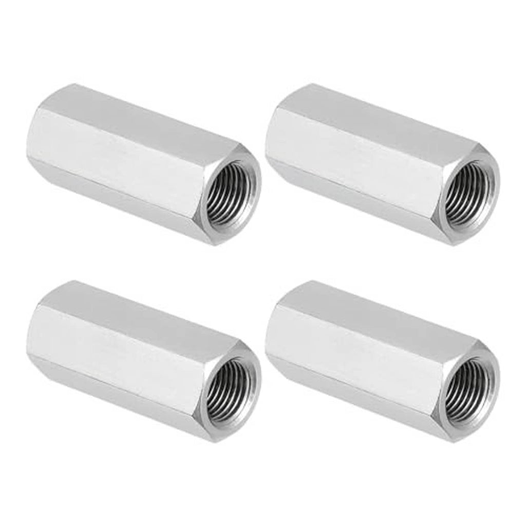Set of 4 stainless steel hex coupling nuts with internal threads, silver finish