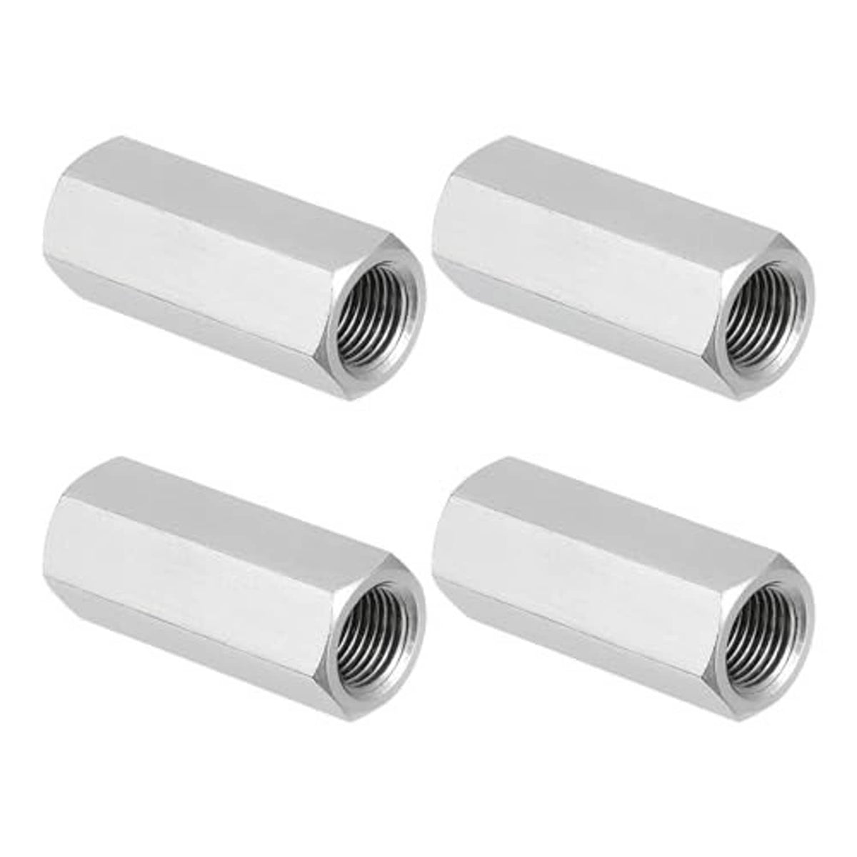 Set of 4 stainless steel hex coupling nuts with internal threads, silver finish