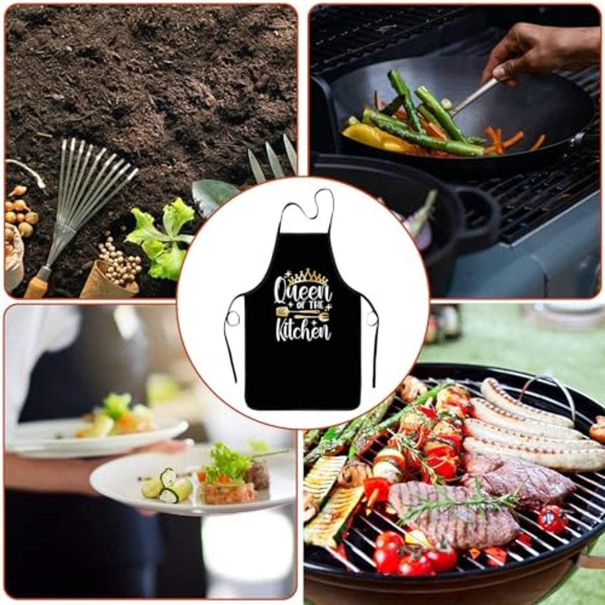 Black apron icon with "Queen of the Kitchen" crown logo in a white circle