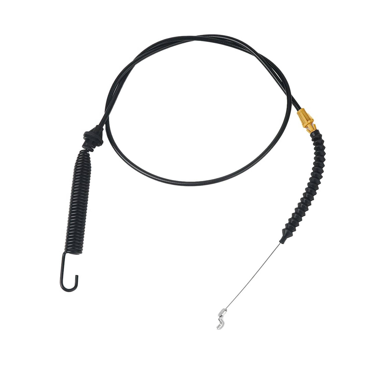 Black deck engagement cable with spring pull handle and metal end hook